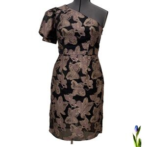 Chi Chi London, Elegant Black and Gold One-Shoulder Dress, Wedding Guest Size 14